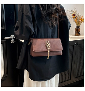 Detail of brown crocodile pattern shoulder bag with gold SS buckle and long tassels