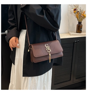 Detail of brown crocodile pattern shoulder bag with gold metal tassel and buckle