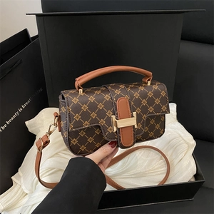 Vintage Monogram Print PU Leather Shoulder Bag For Women Retro Small Square Crossbody Bag With Metal Buckle Elegant Handbag