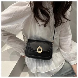 Detail of classic black leather crossbody bag with a gold metal arch buckle on the flap