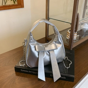 Women Fashion Bow Chain Shoulder Bag PU Leather Large Bow Crescent Hobo Bag Crossbody Handbag For Daily Party
