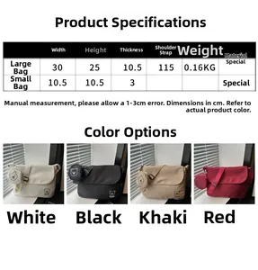 Detailed size chart for minimalist messenger bag with dimensions and color options