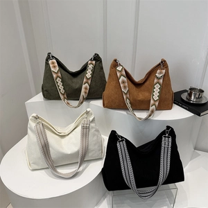 Minimalist corduroy tote bag collection with vintage jacquard straps in four colors