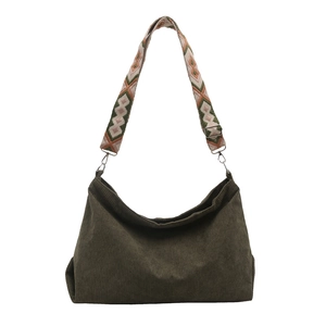 Large dark green corduroy tote bag with bohemian wide jacquard strap for women