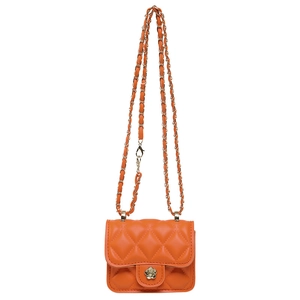Orange quilted mini crossbody bag with gold flower clasp and chain strap for women