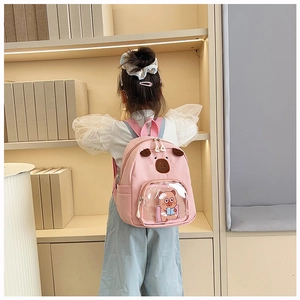 Zaino rosa per bambini con motivo capibara, orecchie 3D e tasca frontale trasparente