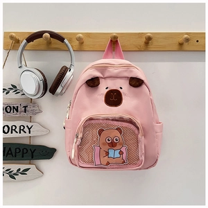 Zaino per bambini rosa in tela con ricamo orsetto e tasca frontale in rete trasparente
