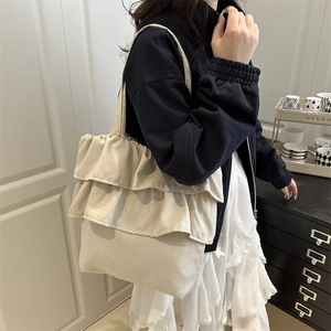 Chic beige tote bag with three-layer pleated ruffles and wide shoulder strap