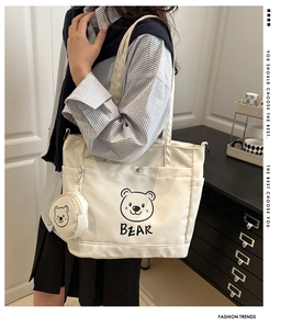 Detail of white canvas tote bag with bear print and matching round coin purse charm
