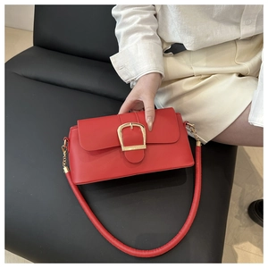 Detail of red baguette bag featuring a large golden horseshoe clasp and tubular strap