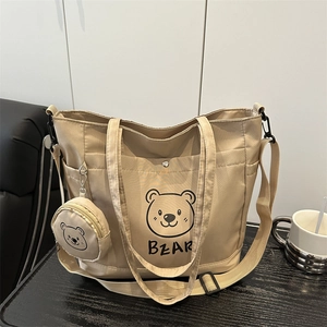 Large Capacity Nylon Tote Bag With Cartoon Bear Print Casual Handbag And Small Coin Purse For Women