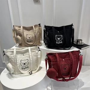 Large canvas tote bag with cartoon bear print in four colors and matching coin purse