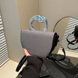 Women Trendy PU Leather Saddle Bag Irregular Liquid Metal Handle Patchwork Half Moon Shoulder Crossbody Bag Fashion Solid Color Satchel