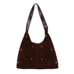 Retro dark brown suede hobo bag with gold stud accents and large capacity shoulder strap