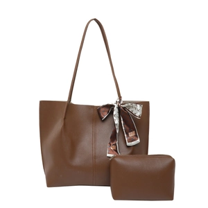 Brown faux leather tote bag set with matching pouch and geometric silk scarf accessory