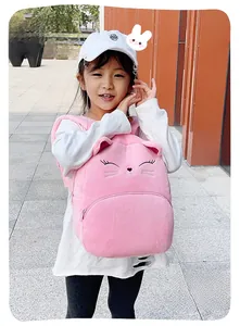 Close-up of pink plush cat backpack with detailed embroidery and soft fabric texture