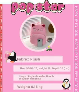 Detailed view of pink plush cat backpack dimensions 25x29x10cm with cute face embroidery