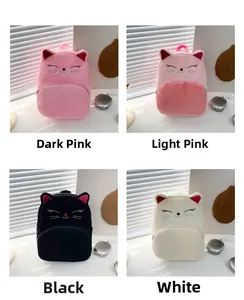 Detailed grid of plush cat backpacks in pink, black, and white colors for children