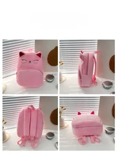 Detailed four-angle view of a plush pink cat backpack for kids with cute embroidery