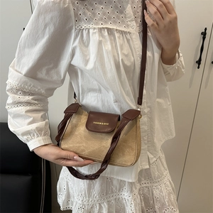 Vintage khaki and brown patchwork shoulder bag for women with dual strap options