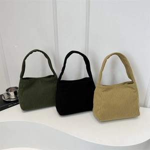 Three corduroy tote bags in green, black, and beige colors for spring casual daily use