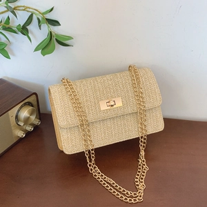 Women Fashion Straw Woven Shoulder Bag Summer Vacation Beach Crossbody Bag With Metal Chain Artificial Pearl Small Square Bag