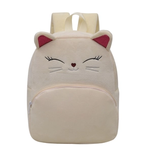 Cute beige plush cat backpack for kids with 3D ears and embroidered feline details