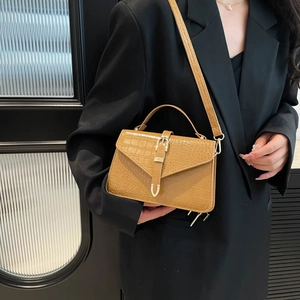 Brown crocodile pattern faux leather square handbag with handle and crossbody strap