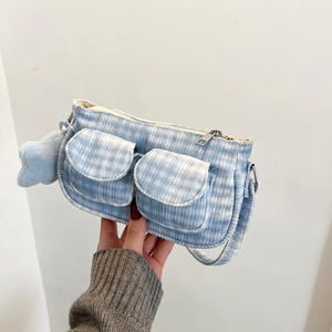 Borsa Sottobraccio da Donna in Velluto a Coste a Quadri Grande Capacità Con Ciondolo a Stella in Peluche Doppie Tasche Anteriori
