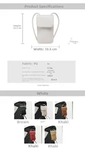 Detailed chart showing PU woven phone bag dimensions and five available color options