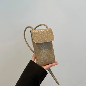 Minimalist beige woven leather mobile phone crossbody bag with long shoulder strap