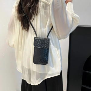 Fashionable black woven texture mini crossbody phone bag for women with flap closure