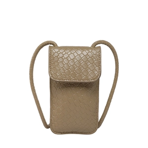 Chic khaki woven PU leather mini crossbody cell phone bag with adjustable strap