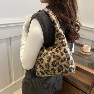 Sac à main chic en peluche à motif léopard avec fausse fourrure pour femmes