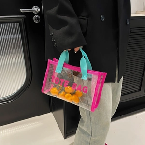 Mini Transparent PVC Tote Bag With Mesh Stitching Letter Print Waterproof Fashionable Summer Beach Handbag For Women