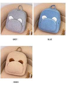 Detailed close-up of plush teddy bear ear backpacks in grey, blue and khaki fuzzy textures