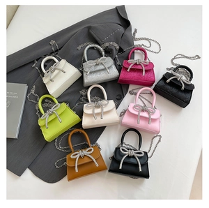 Women Mini PU Leather Handbag French Style Crossbody Bag With Rhinestone Bow Silver Metal Chain Shoulder Small Square Bag