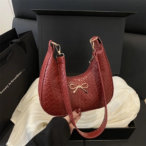 Women PU Leather Underarm Hobo Bag With Golden Bow Decor Textured Zipper Closure Fashion Baguette Shoulder Bag