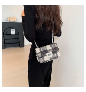 Detail of tweed crossbody bag with metallic chain strap and silver rotary clasp