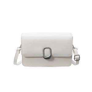 Minimalist white square crossbody bag with silver metal buckle and adjustable strap