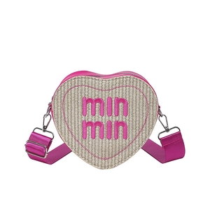 Heart-shaped woven shoulder bag with pink leather trim and embroidered letters