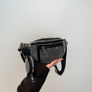 Sac de Poitrine en Strass pour Femme Mode Ensemble 2-en-1 Sac Banane Avec Bandoulière Large Rayée et Porte-monnaie Rond