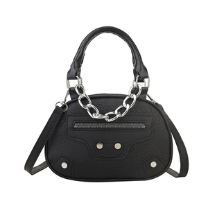 Black crocodile embossed shell bag with silver rivets and metal chain shoulder strap