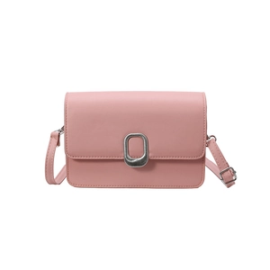 Minimalist pink leather crossbody bag with rectangular flap and silver oval buckle