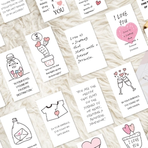 Mini lunch box love cards set with romantic hand-drawn illustrations on plush background