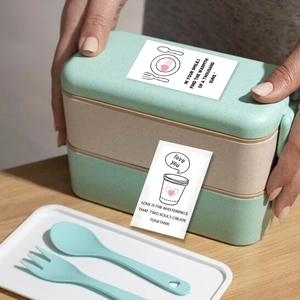 Eco-friendly double-layer mint green lunch box with inspirational quotes and cutlery set
