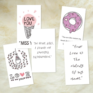 Set of five romantic lunch box notes with heart donuts and sweet love quotes