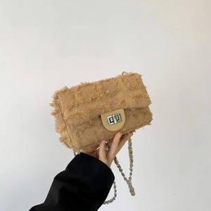 Women Fashion PU Canvas Plaid Small Square Shoulder Bag With Metal Chain Strap Fringed Crossbody Bag For Daily Party