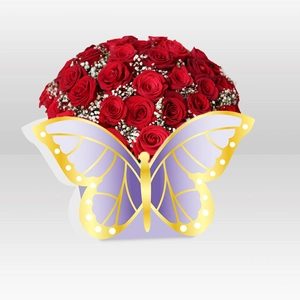 Exquisite red roses and baby breath flowers arranged in a purple butterfly gift box decoration