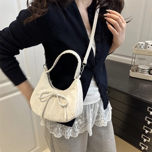 Elegant cream bow handbag for women, crossbody hobo bag with top handle and silk finish
